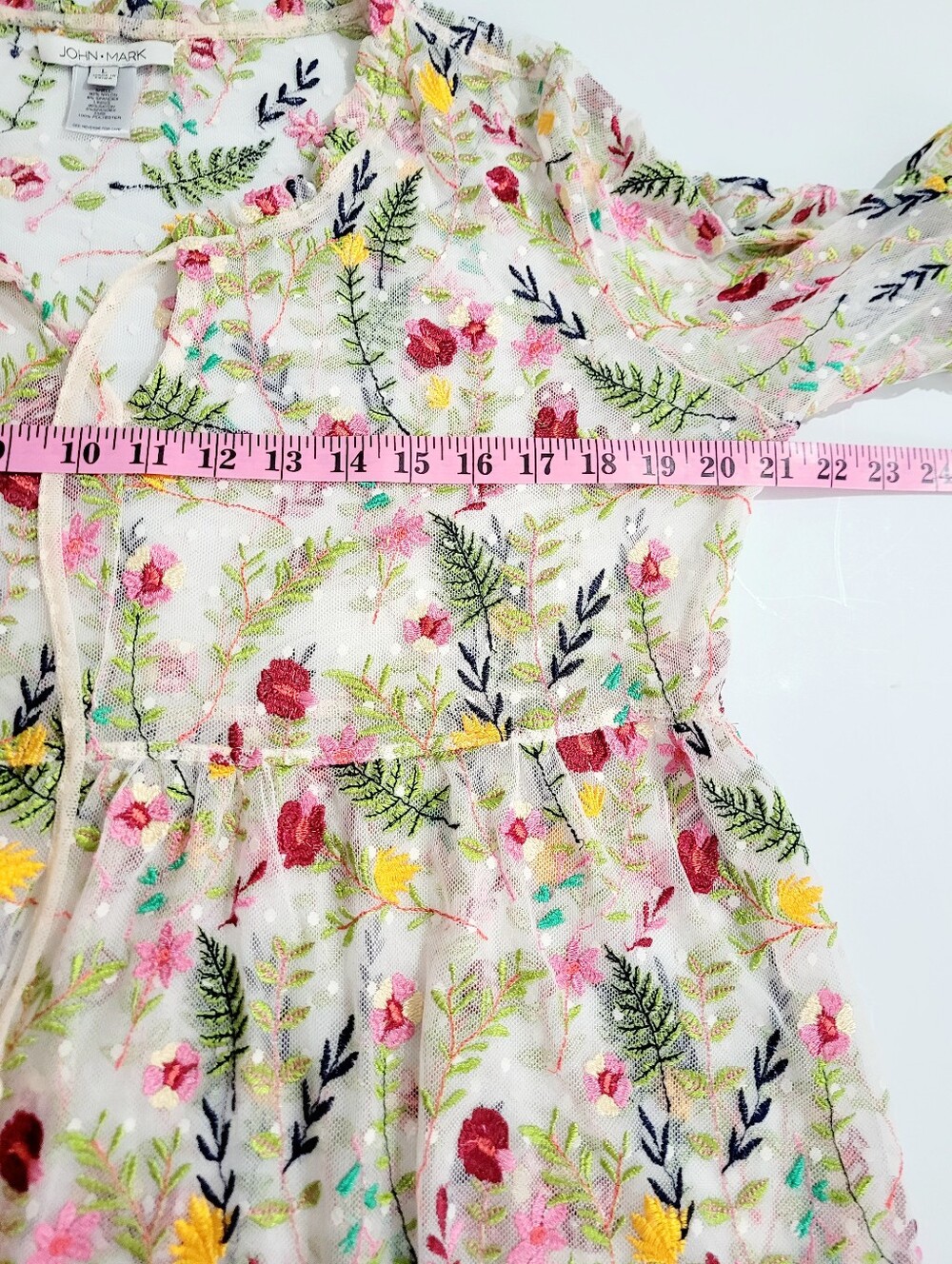 John Mark Size Large Embroidered Floral Sheer Tunic Boho Tassel Tie Bell Sleeve - Picture 10 of 12